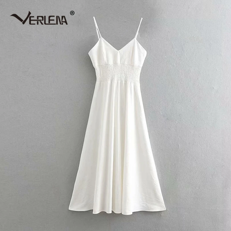 Verlena, белое летнее платье с открытой спиной, без рукавов, с v-образным вырезом, с эластичной вставкой, с высокой талией, ТРАПЕЦИЕВИДНОЕ, до середины икры, женское платье