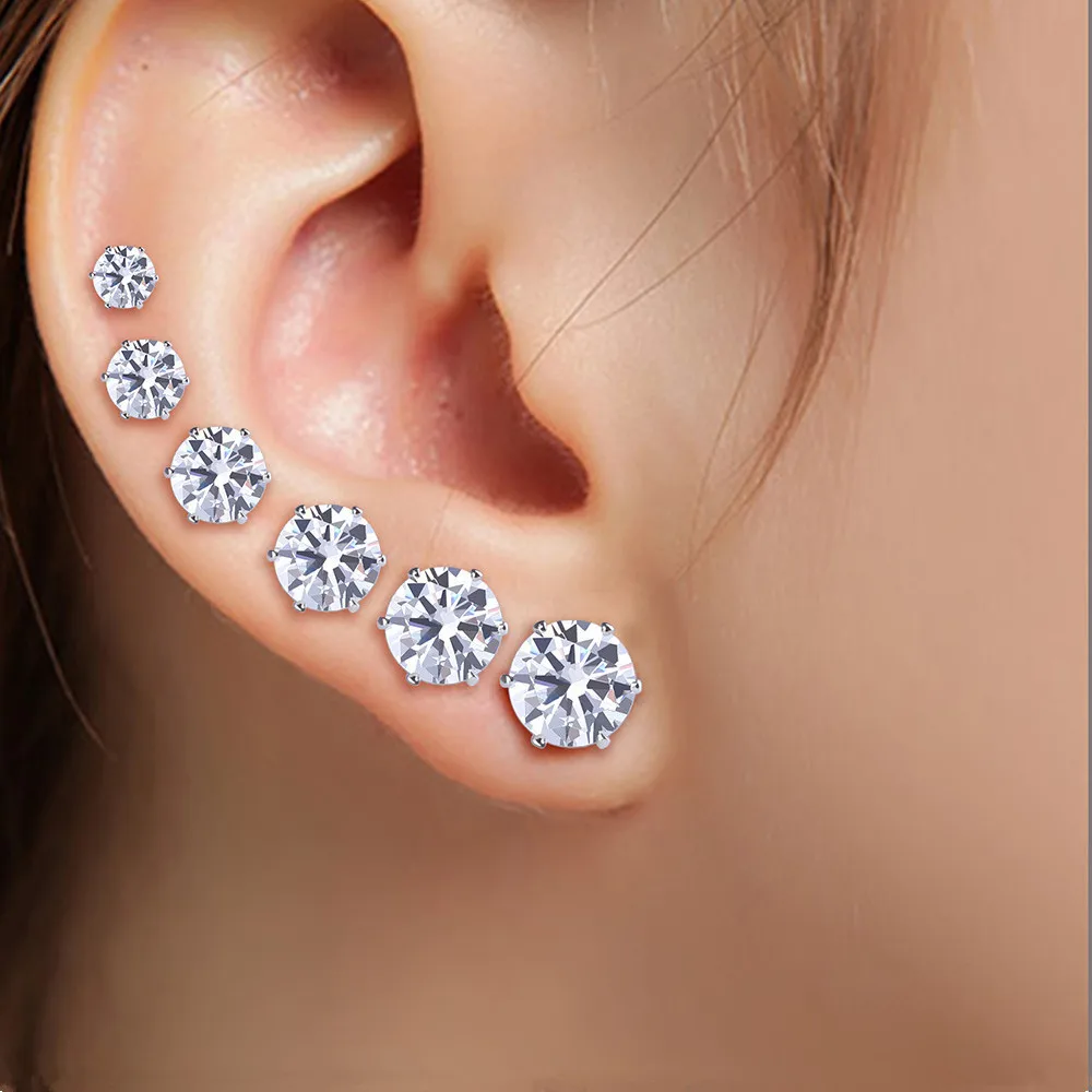 

6Pairs Cubic Zirconia Earrings for Women Fashion Small Ear Studs Surgical Steel Earring Silver Black Rhinestone Piercing Jewelry