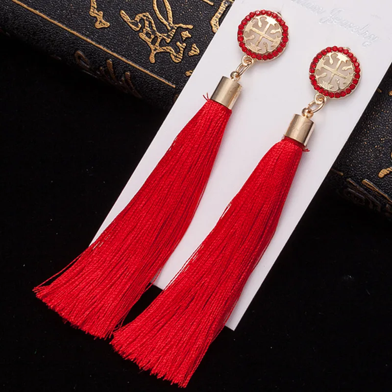 

Bohopan Bohemian New Crystal Long Silk Tassel Earring Women Rhinestone Charm Alloy Dangle Drop Earring For Wedding Jewelry
