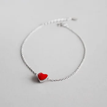 

WOMEN'S SIMPLE 100% Authentic 925 Sterling silver Red Enamel Love Heart Chain Bracelet Fine jEWELRY S4