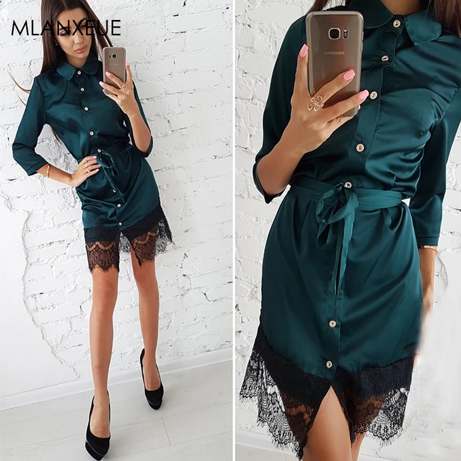 

Skinny Lace Stitching Turn-Down Mini Dresses Women Button Sashes Three Quarter Dress Ladies Patchwork Summer Dress New
