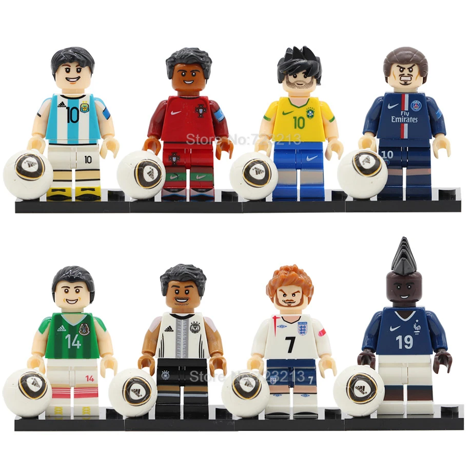 

8pcs/lot Football Player Figure Set Messi Ronaldo Neymar JR Pogba Beckham Ozil Ibrahimovic Model Building Blocks kits Brick Toys