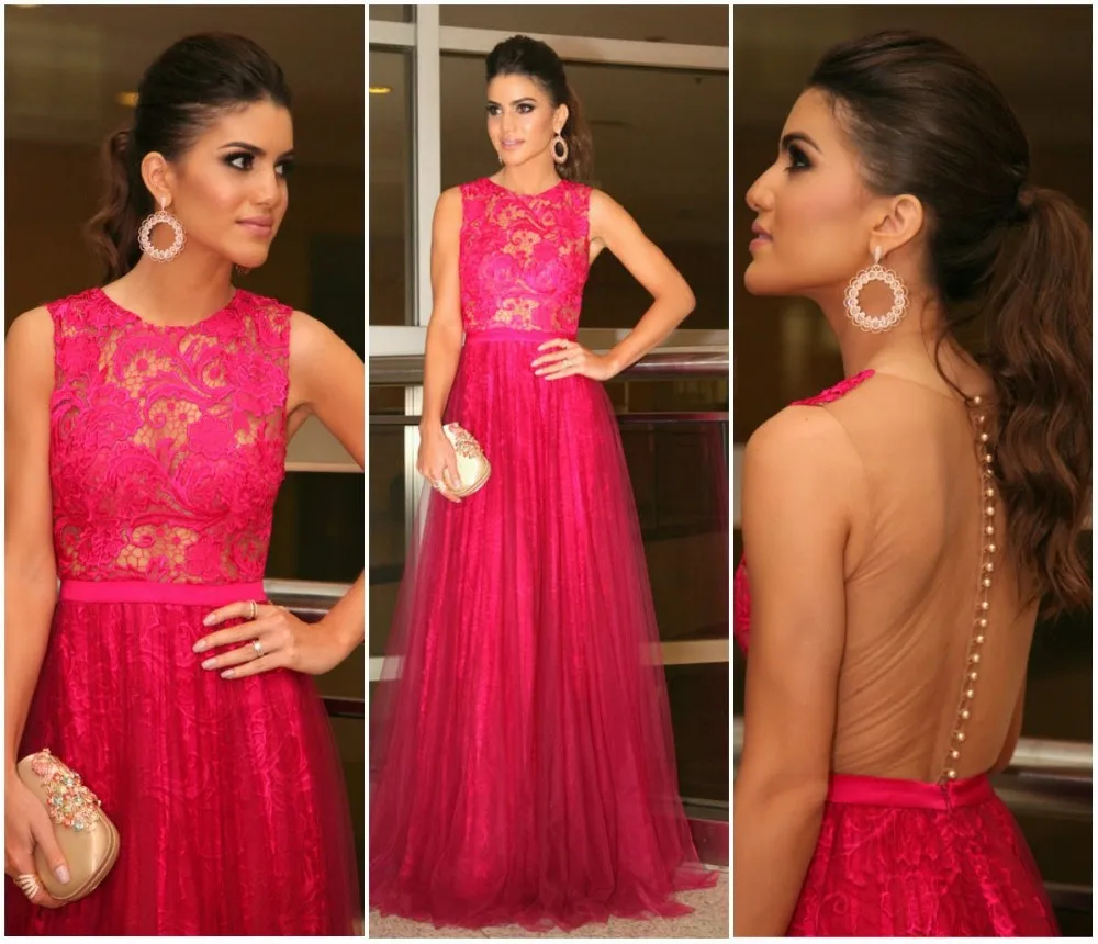Hot Pink 2016 Vestido De Festa Long Tulle Lace Prom Dress O Neck Sexy Back Hollow
