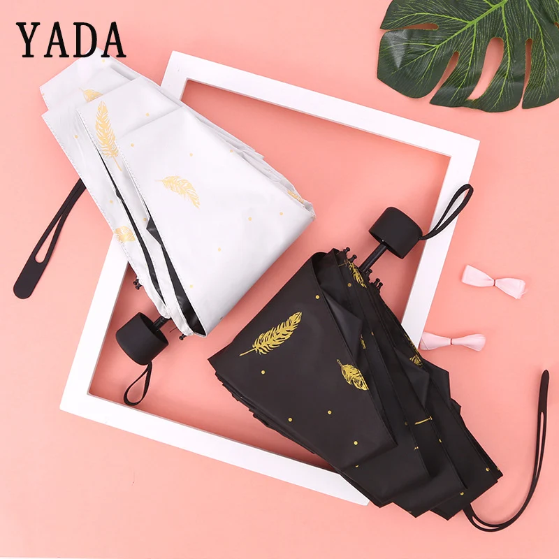 

YADA Feather Pattern Umbrella Folding Rainy Mini Pocket Umbrella For Women Men Anti-UV Small Black Coating Umbrellas Gifts YD113