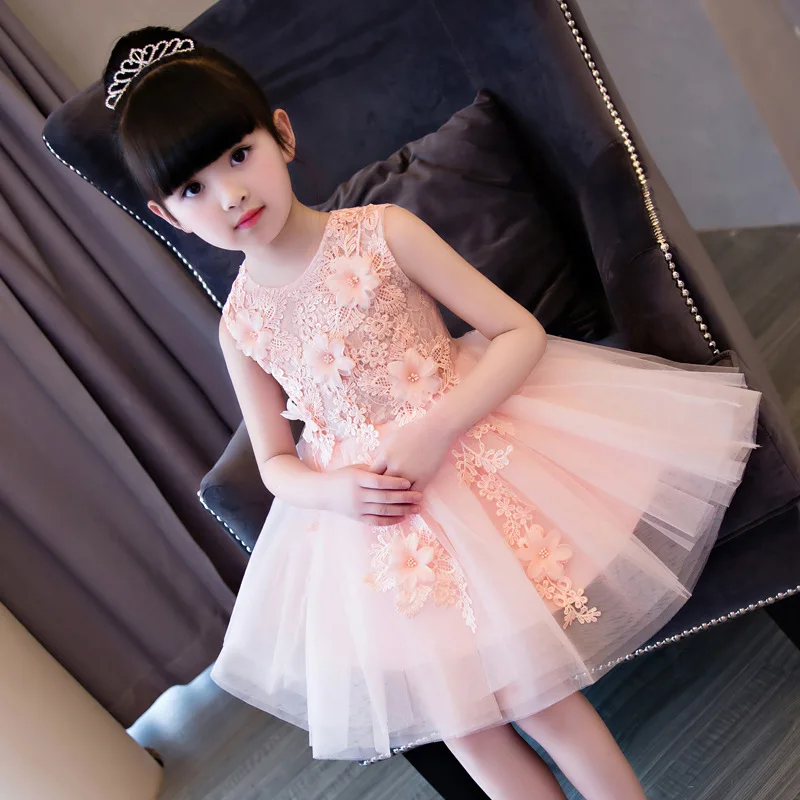 

2018 Pink Flower Girl Dress Princess Girls Dresses Knee-Length Ball Gown Children Summer Dress Appliques Party Dress AA248