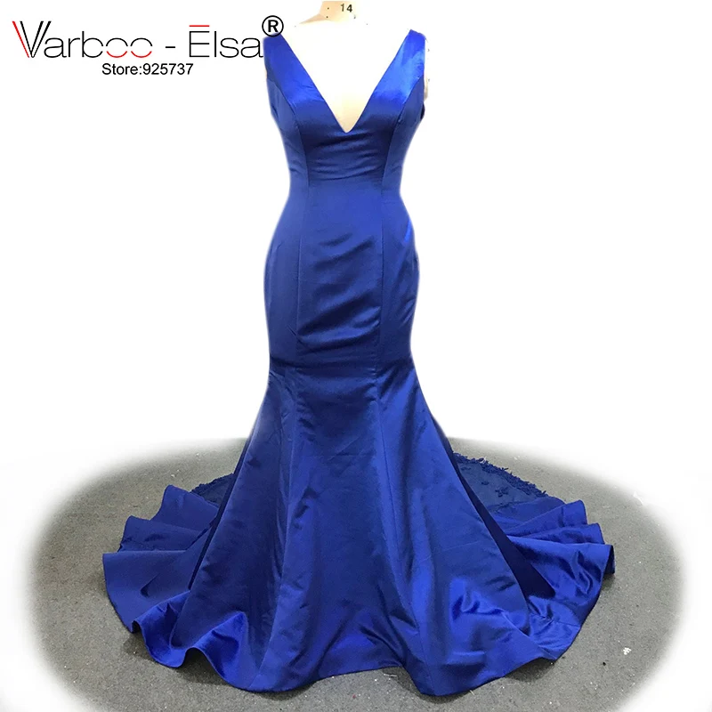 Varboo_elsa 2018 Royal Blue Русалка вечернее платье Sexy глубокий v-образным вырезом платье для выпускного вечера без рукавов Кружево Аппликации Поезд