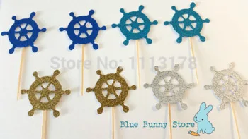 

Pirate Ship Steering Wheel Nautical Glitter Cupcake Toppers Food Picks Bachelorette Wedding Bridal Engagement Party decorations