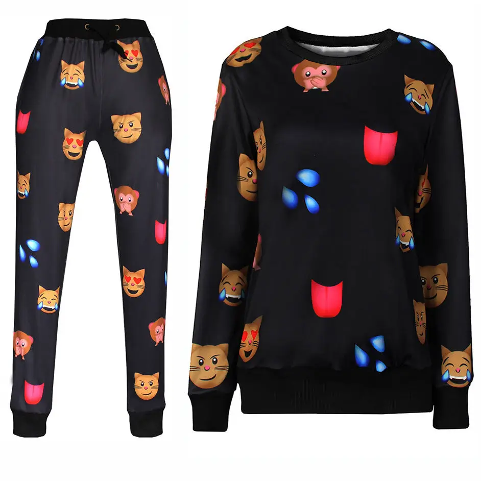 

CANIS Women Men Emoji Print Hoodie Jumper Jogger T Track Suit Sportswear Top Pants Set
