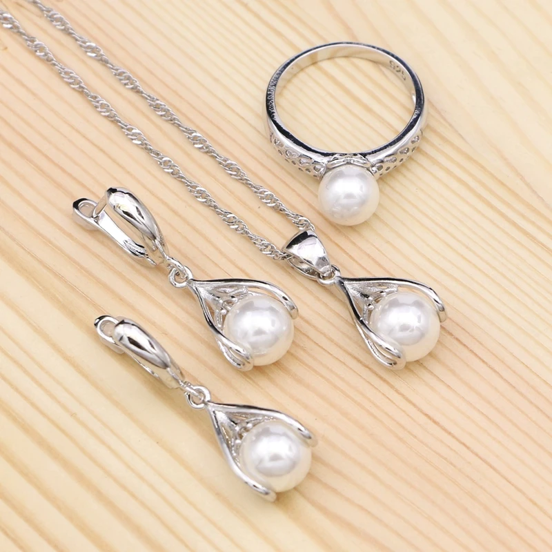 Comprar Perla blanca 925 conjunto de joyas de plata para mujer boda fiesta decoración gota pendientes anillo colgante Collar conjunto