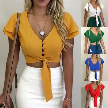 

Chiffon Blouse Women Flare Sleeve Shirt Top Summer Tops Short Shirt New Loose Casual Shirts V Neck Button Down Tops d#