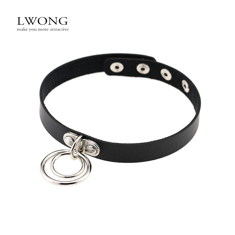 2017 New Hot Black Leather Hanging Circle Choker Chocker Punk Gothic Double Circle Leather