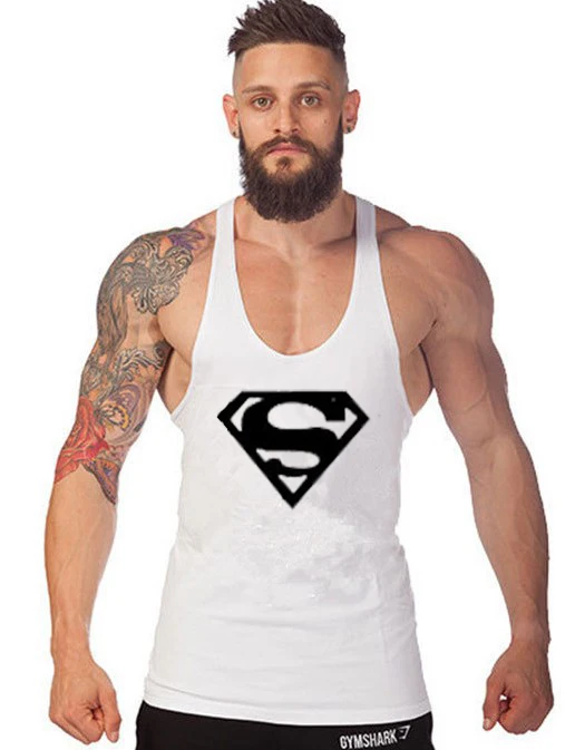 Спортивный жилет для мускуляции, одежда для бодибилдинга и фитнеса, Мужская майка, однотонная майка, майка для тренажерных залов, Мужская майка, майка с черепом - Цвет: Superman white
