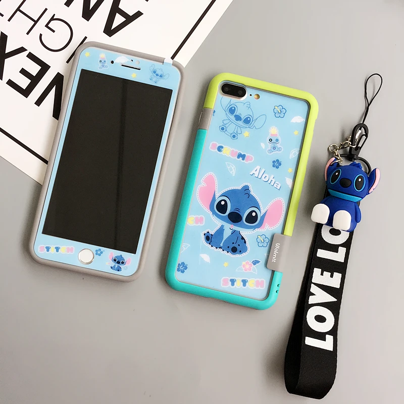 Подарочный набор для iphone 8/8 plus мультфильм закаленное Стекло Защитная пленка для экрана+ мягкий бампер для iphone X 7 7plus 6 6 S plus+ 3D держатель кукла+ ремень - Цвет: blue