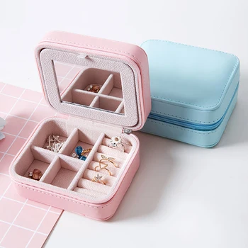 

Korean Style Fresh And Simple Girl Earrings Plate Jewelry Box Protable Leather Earrings Ring Multi-function Jewelry Storage Box