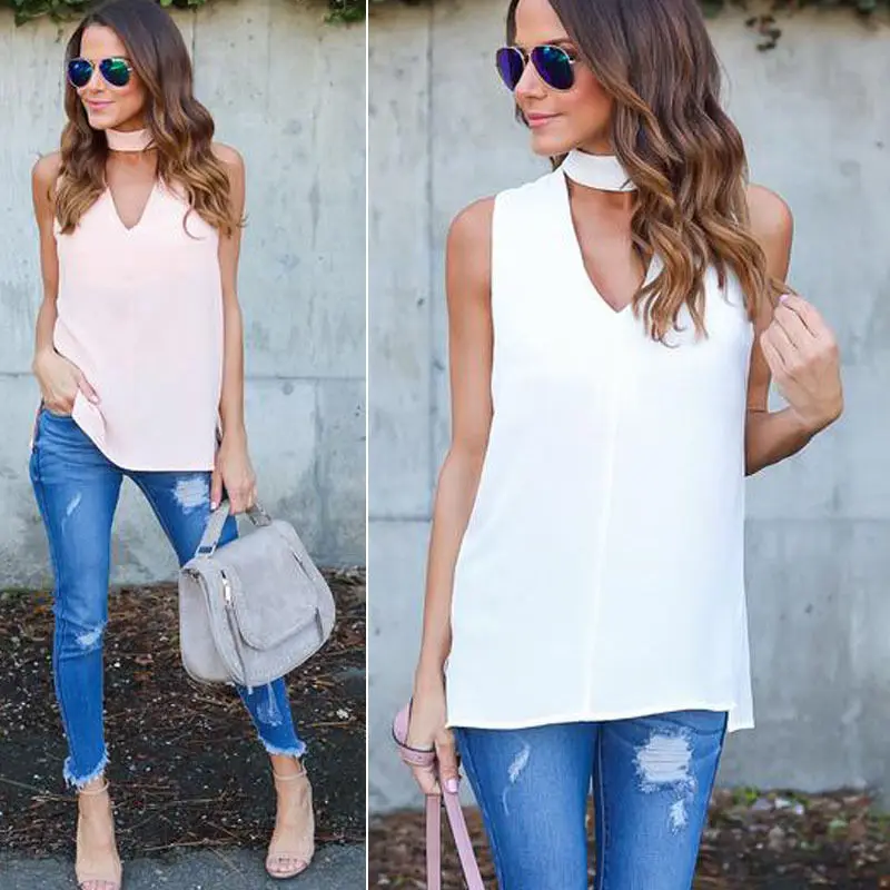 Ladies Summer Fashion Solid Casual Sleeveless Blouses Sexy Ladies