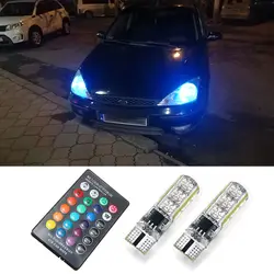 2x удаленного Управление T10 W5W светодиодная RGB Лампочка Габаритные фонари для автомобиля для Ford Mondeo MK4 MK3 Focus 2 3 MK2 MK1 Fiesta Fusion Ranger S Max
