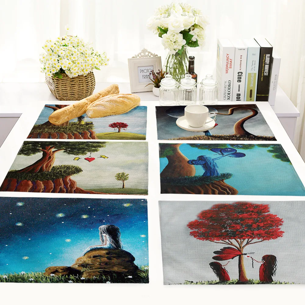 

Cartoon Dream Forest Table Placemat Nordic Home Cotton Linen Table Mats for Dining Table Kitchen Decoration Accessories Cup Mat