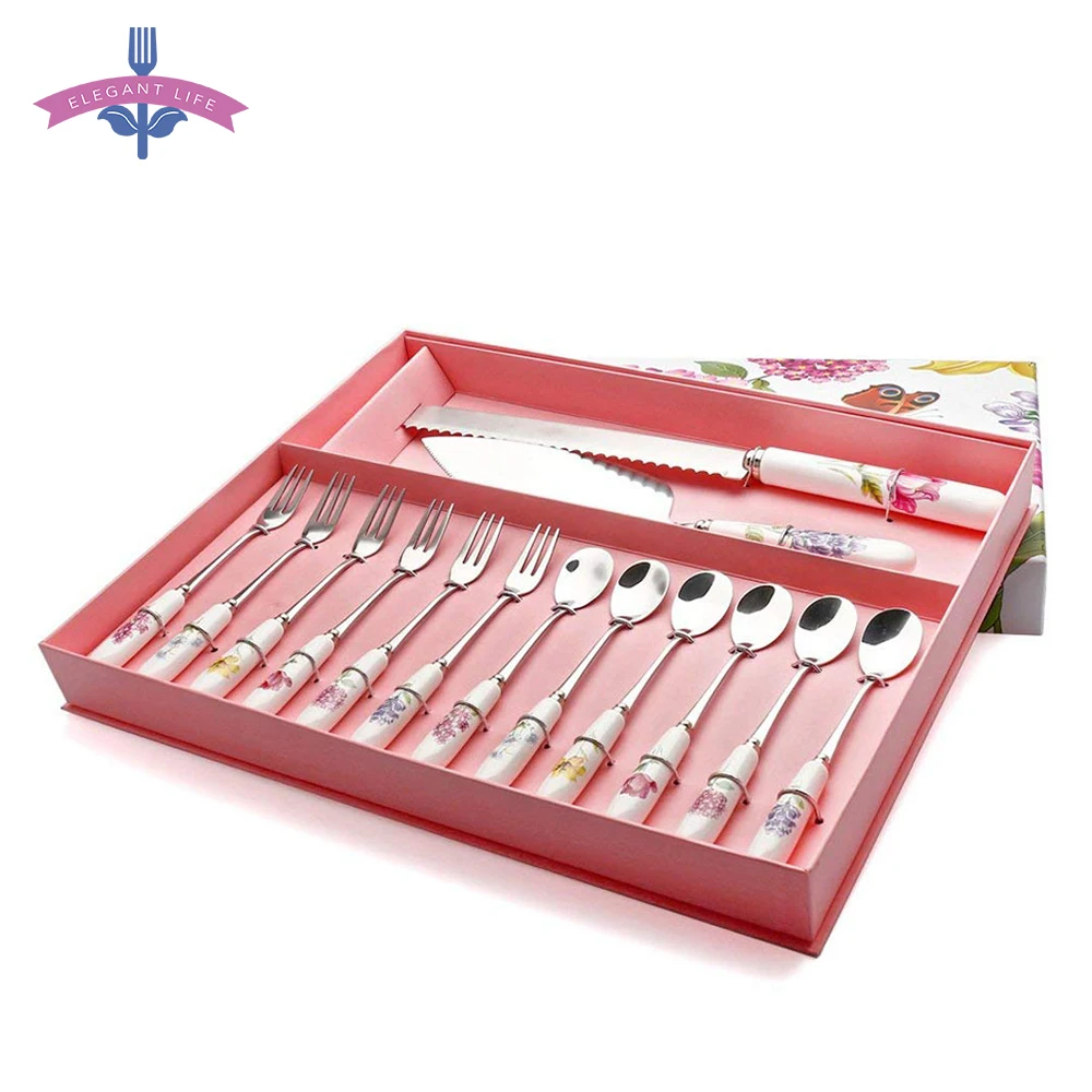 

14 PCS Dessert Flatware Set Herb Garden Ceramic Stainless Steel Coffee Tea Cake Salad Bread Flatware Fork and Spoon Set Gift Box