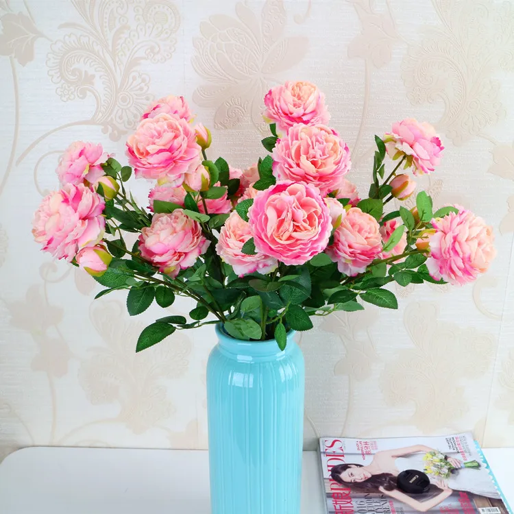 Flone Artificial Western Rose Flower 3 Head Simulation Rose Flower Bouquet Fake Flowers Branch Wedding Home Party Decor Art (10)
