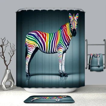 

Europe style Polyester Fabric Shower Curtains Cartoon Colorful Striped Zebra Pattern Thicken Waterproof Bath Curtain With Hook
