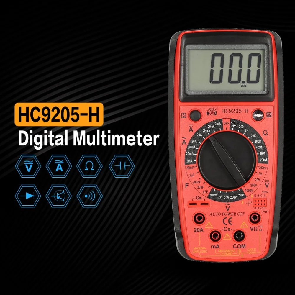 

HC9205-H Digital Handheld Multimeter AC/DC Volt Amp Ohm Capacitance Diode hFE Tester Continuity testing 1999 Counts Portable