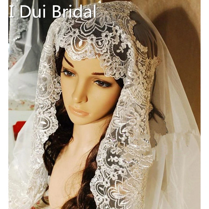 Bridal Veil Cathedral Long Muslim 2.8 Meter Luxury Silver Lace Wedding