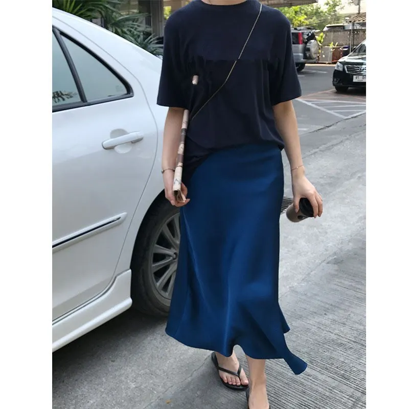 

Elegant Casual Solid Silk Satin Midi A-Line Skirt 2019 Summer New Women High Waist Skirts
