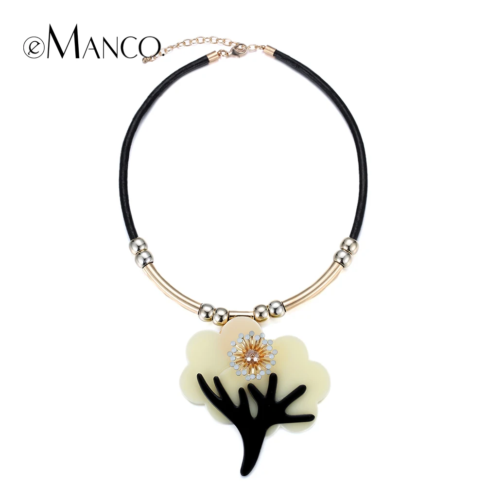 

eManco Tree pendant black leather necklace cord necklace copper jewelry crystal flower collares mujer necklace