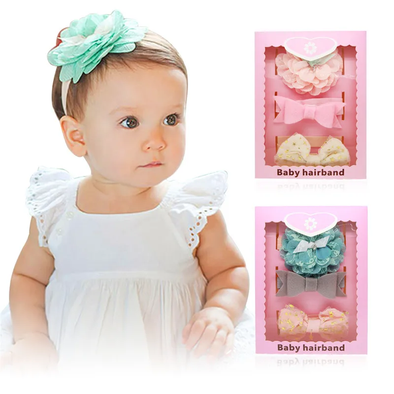 3PCS Baby Girls Hairband Bow Elastic Band Headband Flower Hair Accessories Gift