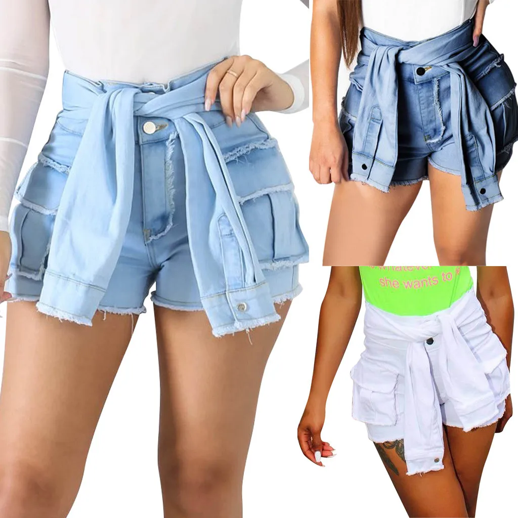 

feitong Fashion Shorts Casual Women Jeans Button Tassel Jeans High Waist Denim Lacing Slim Sexy Shorts Streetwear #1963