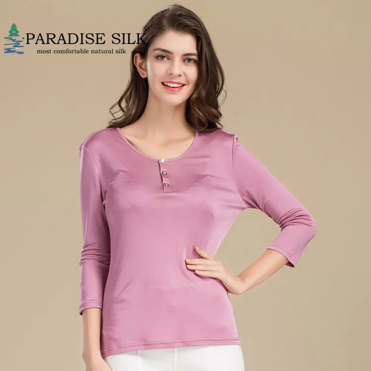 

Womens Shirts 100% Silk Knit Women Round Neck Long Sleeve Vest Top Size L XL XXL