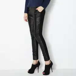2019 Новый бренд Европейский штаны из натуральной кожи женские брюки плюс Размеры эластичная тонкая овечья кожа женский, черный