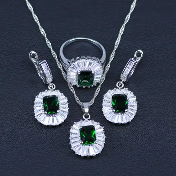 

Trendy 3 Piece Green Created Emerald Big Square Stone Ring Earrings And Pendant Silver Color Jewelry Set For Women