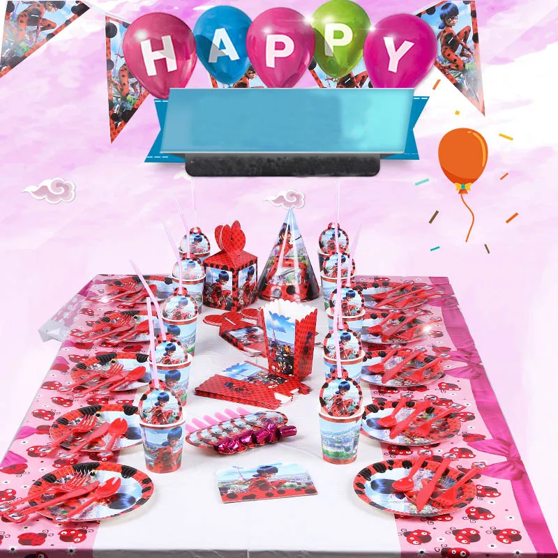 

Miraculous Ladybug Theme Party Plates/Cups/Napkins/Table Cover/Flags Banner Baby Shower Birthday Decoration Kids Party Supplies
