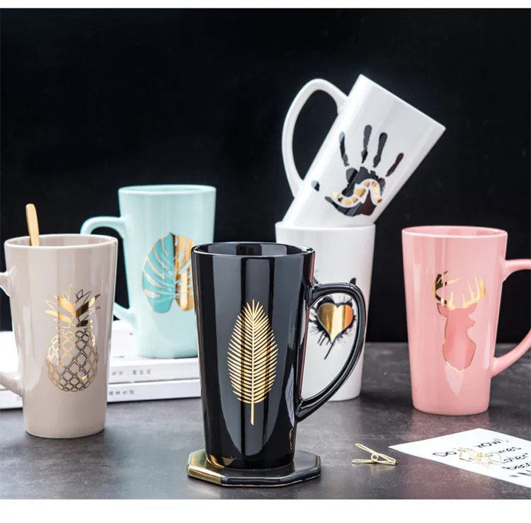Золотой лист керамическая кружка офисная кофейная кружка набор молока чайные чашки креативные пальмовое сердце ананас завтрак домашняя посуда для напитков детский подарок