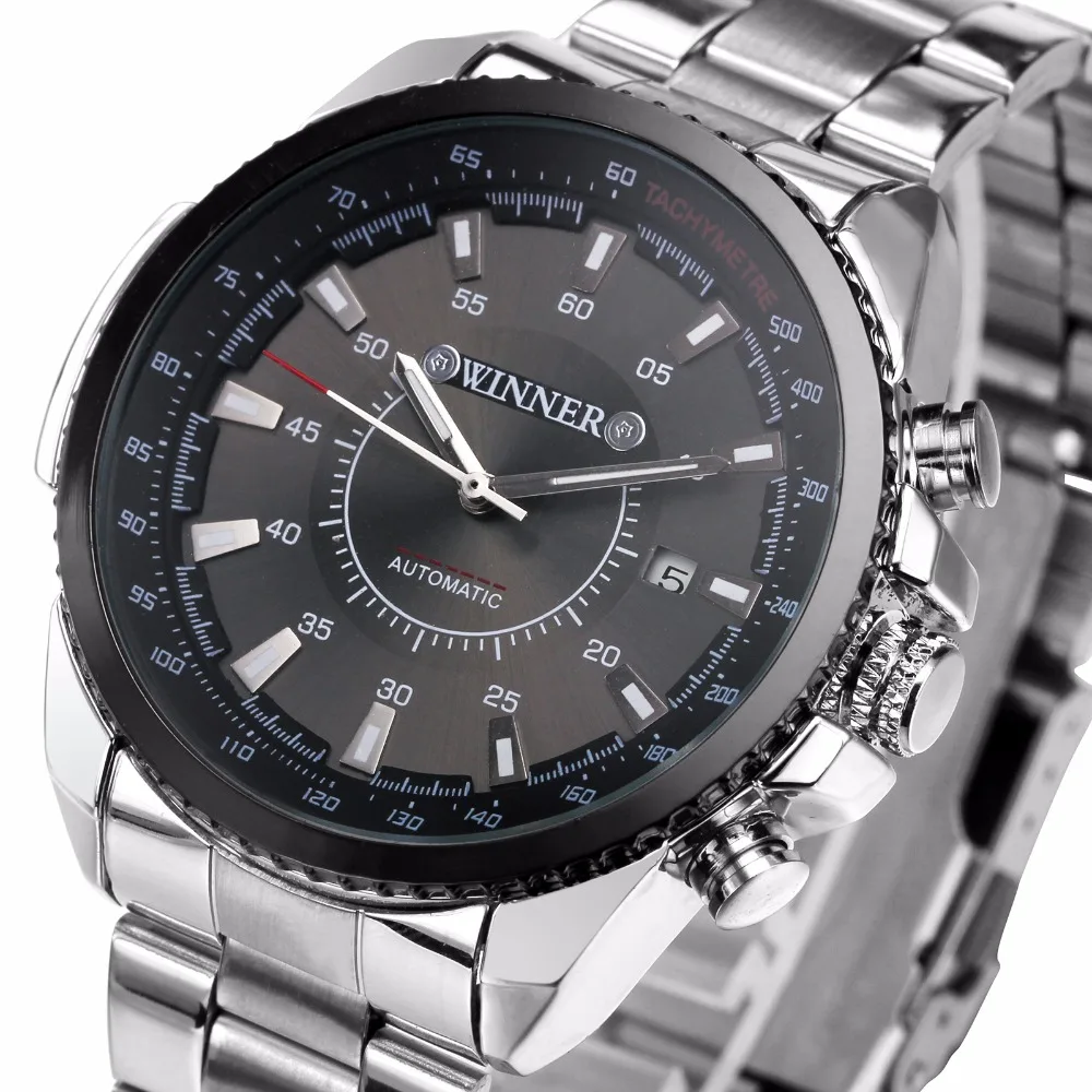 Winner Men s Mechanical Automatic Watch Stainless Steel Strap Supersize Case Date Calendar Business NEW Noble
