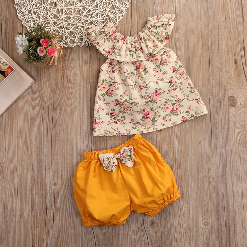 PUDCOCO/Новинка; комплект из 2 предметов; летняя хлопковая одежда для маленьких девочек Футболка с цветочным рисунком топы и шорты Комплект повседневной одежды для детей; От 0 до 3 лет