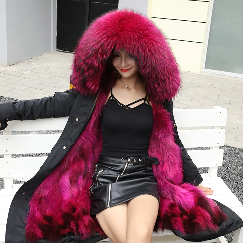 X-длинные зимние куртки пальто женские плюс размер натуральный мех енота парки mujer пальто толстые женщины натуральный мех внутренний парки