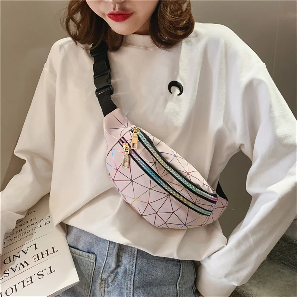 

Zippers Waist Bags Silver Pink Fanny Pack for Women Men Belt Bag 2019 New Geometric Waist Packs Laser Phone Pouch Chest Bag