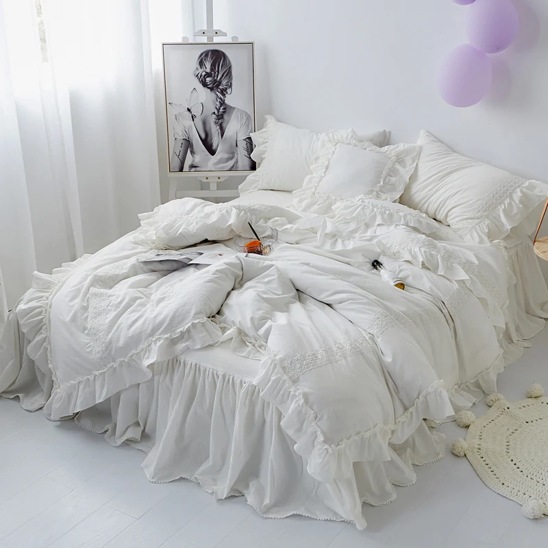 

White Purple Gray Pink Korean Princess 100% Washed Cotton Girl Bedding Set Lace Ruffle Duvet Cover Bed Skirt Pillowcases 3/4pcs