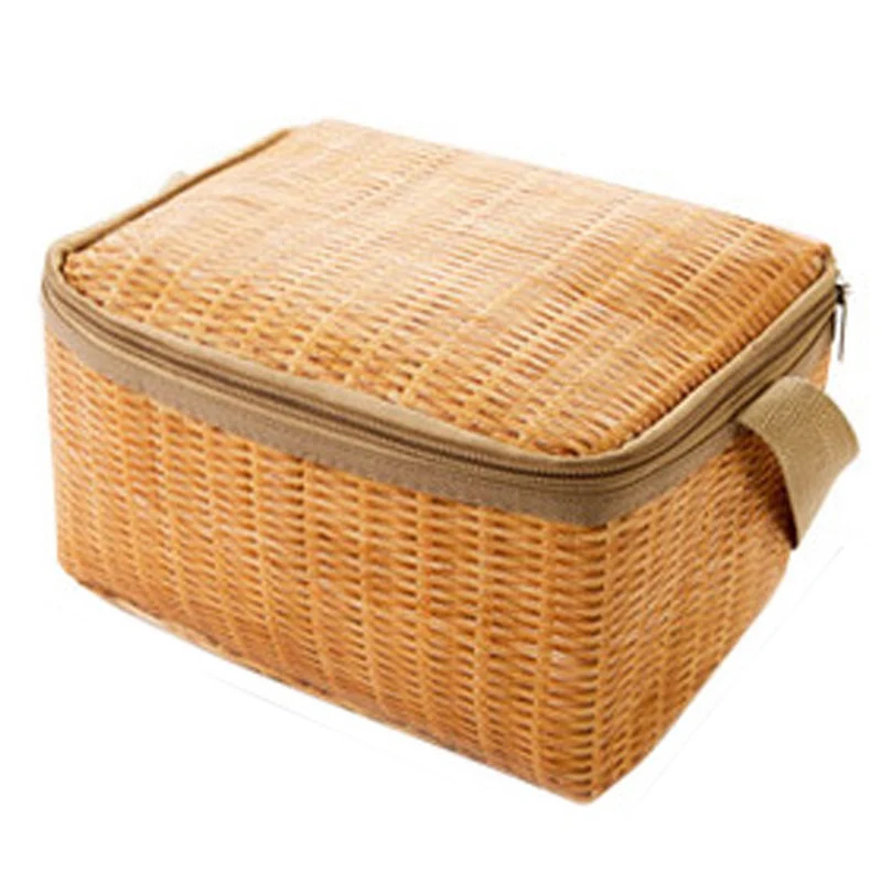 

AUAU Portable Imitation Rattan Lunch Bags Insulated Thermal Cooler Lunch Box Tote Storage Bag Container Food Picnic Bag