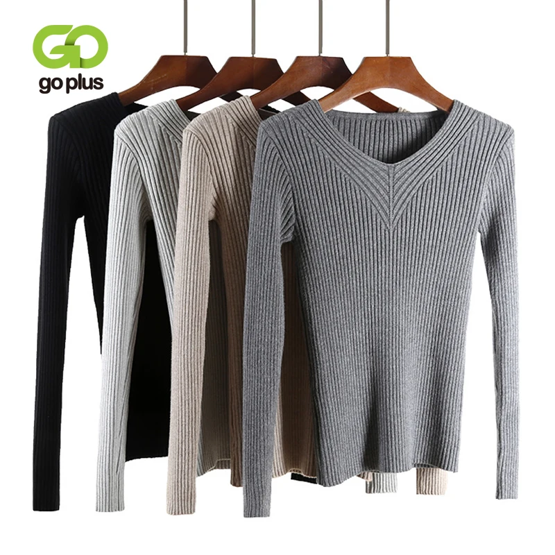 

GOPLUS 2019 Fashion Spring Knitted Sweater Women Sexy V Neck Slim Warm Basic Sweater Girl Pullover Elasticity Sweater Female Top