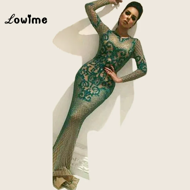 

Mermaid Arabic Evening Dress Green Pattern Bling Fabric Party Dress For Middle East Women 2018 Long Sleeves Vestidos Prom Gowns