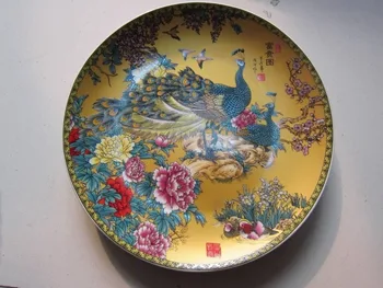 

chinese old antique yellow ceramic peacock porcelain plate