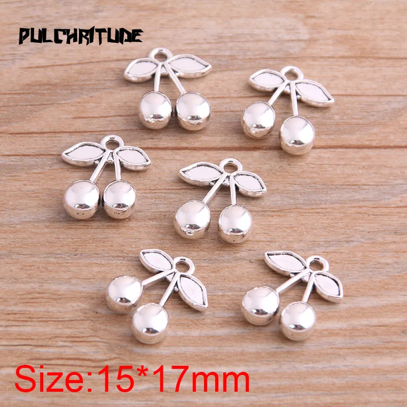 PULCHRITUDE 10PCS 15*17mm Two Color Fruit Charms Cherry Pendant Jewelry Metal Alloy Jewelry Marking