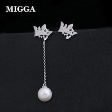 MIGGA одиночные имитация жемчуга Длинные кисточкой циркон серьги с короной белого золота цвет женщин девушек серьги гвоздики