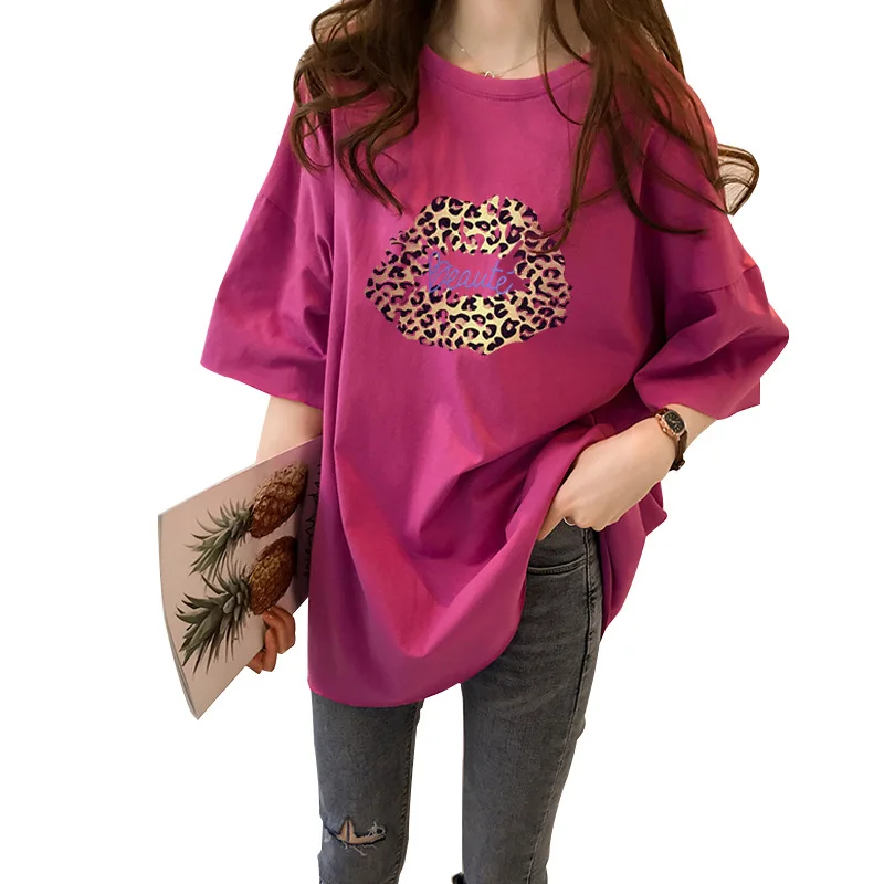 

T Shirt Women 2019 Plus Size Summer New Arrival Leopard Lips Print Short Sleeve O Neck T-Shirt Cheap Tshirt Cloth Vestidos