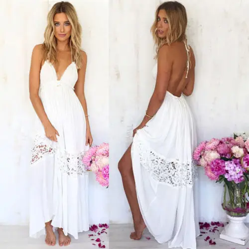 

Sexy Women Lace Hollow Out Dress Evening Party Backless Halter Drawstring Dress Sundress