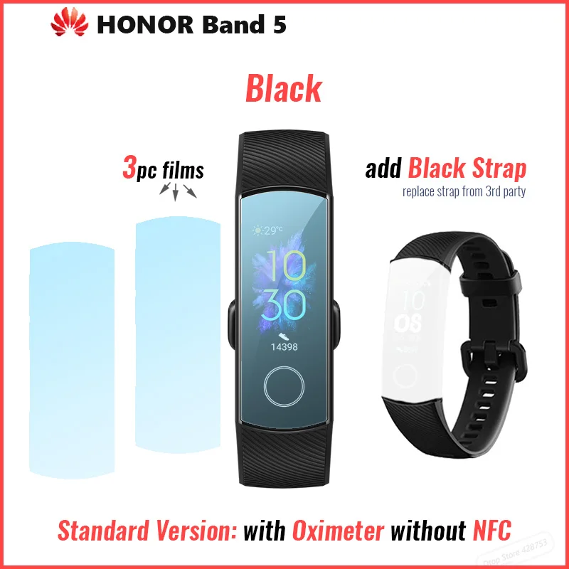 Умный Браслет huawei Honor Band 5 с кислородом крови, магическим экраном, спортивный браслет для здоровья, монитор для плавания, пульсометр, сон - Цвет: BLK add BLK strap