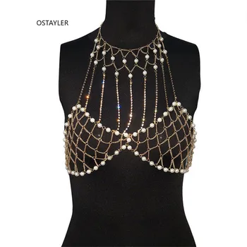 

2019 Brand European Summer Sexy Pearl Bra Breast Chain Body Women Bling Rhinestone Chain Harness Hollow Out Bikini Body Jewelry